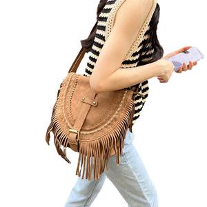 Women's Retro <b>Tassel</b> Bag Zippered Crossbody Polyester Lined Faux Suede Saddle Bag Fashion Trend-Hundreds <b>Handbags</b> - Product Image 5