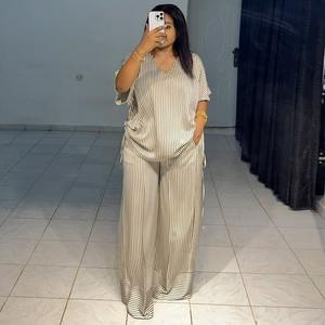 Été chaud nouveau décontracté ample col en v rayé à manches courtes haut jambe large <span class=keywords><strong>pantalon</strong></span> pour les femmes vie quotidienne - Product Image 3