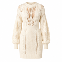 Robes Courtes Moulantes Femme en Maille Câblée Creuse Couleur Ivoire à Col Rond et Manches Lanterne avec Taille Cintrée – Vente en Gros