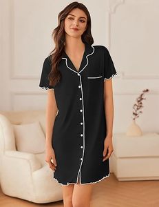 Camisones <span class=keywords><strong>para</strong></span> Mujer, Camisa de Dormir con Botones, Camisones de Manga Corta, Camisón Estilo Boyfriend, Vestido de Pijama Suave - Product Image 3