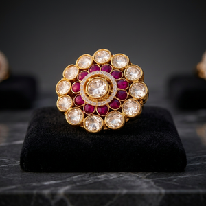 Royal Bloom Design Kundan Polki 925 Sterling <b>Silver</b> <b>Statement</b> <b>Ring</b> Floral Motif <b>Ring</b> Engagement Bridal Jewellery Gift For Her - Product Image 3