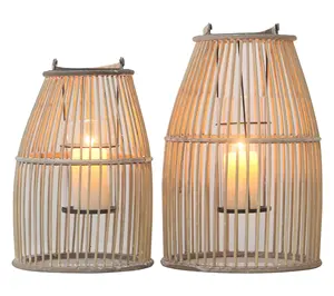 Suporte de vela em rattan trançado, suporte de vela de bambu com alça, uso externo e fechamento, lanterna de madeira para decoração de casa