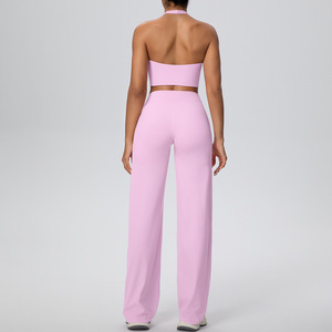 Wholesale Halter Neck Yoga Set Women Backless Sports Bra Straight Leg Pants Seamless Stretchy Nylon Elastane Gym Fitness Outfit - Product Image 3