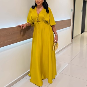 J6520 <span class=keywords><strong>Abito</strong></span> Estivo alla Moda per Donna, Casual e Sexy con Scollo a V e Lacci, <span class=keywords><strong>Mezza</strong></span> <span class=keywords><strong>Manica</strong></span>, Tinta Unita, Vestito <span class=keywords><strong>Lungo</strong></span> da Donna - Product Image 3