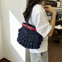 Bolso de mezclilla con volantes a la moda, bolso tote patchwork, bolsos de hombro para llevar bajo el brazo, lindos bolsos hobo con volantes, bolso de jean con correa para mujer