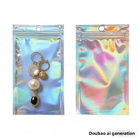 Sac d'emballage avec fermeture éclair d'un côté, transparent, scellé, en aluminium holographique et plastique, pochette à bijoux réutilisable arc-en-ciel