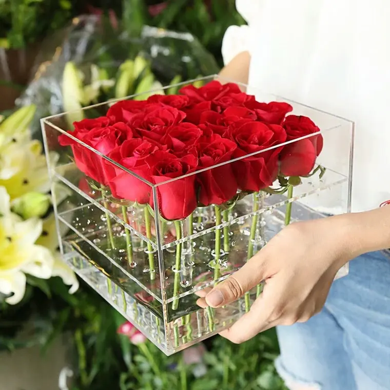 Caixa de flores de acrílico transparente, caixa de flores personalizada para presente do dia dos namorados