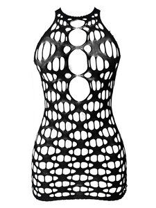 Lencería sexy para mujer: minivestido de red con cuello halter, gran abertura, ajustado, transparente, talla única - Product Image 6