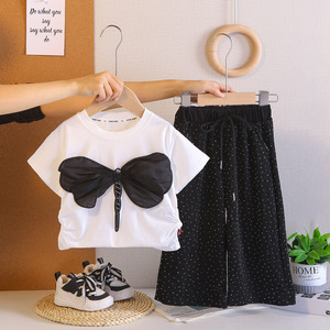 Ensemble d'été 2026 pour filles : Nouvelle collection tendance en coton, motif libellule et strass, manches courtes et pantalon long, deux pièces pour bébés - Product Image 2
