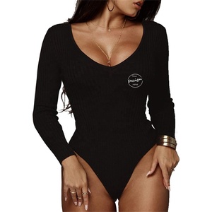 <strong>Long</strong> <strong>Sleeve</strong> <strong>Top</strong> Shirt Women Rib Bodycon Solid Color Sexy <strong>V</strong> <strong>Neck</strong> One Piece Girls Custom Embroidery Logo - Product Image 3