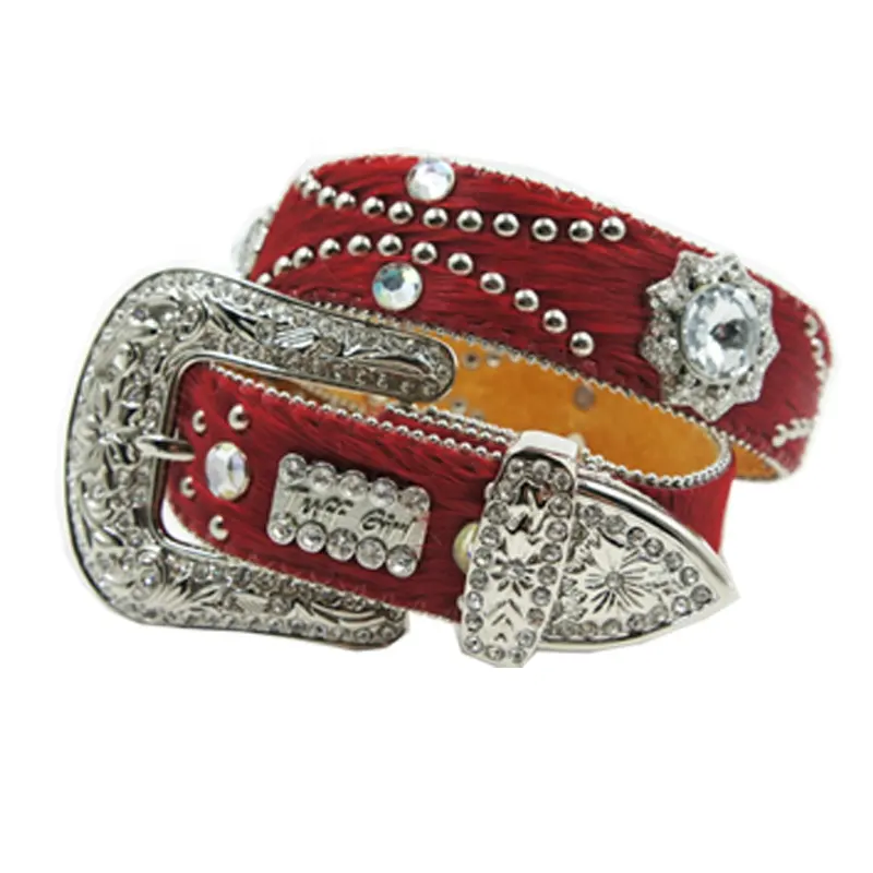 Brazil Cowgirl Red Hair On Hide Western Crystal Belt Red AB Prism Heart Concho Embossed Ladies Western Rhinestone Belt