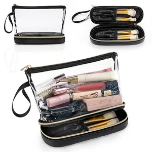 women clear zipper makeup cosmetic bags cases portable travel toiletry make up organizer bag with double layer