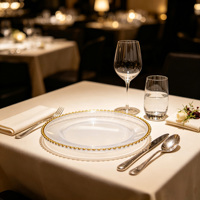 Assiettes à motifs personnalisées en verre doré transparent et moderne, écologiques, vente en gros, assiettes de présentation dorées perlées, ensemble de vaisselle de cuisine pour