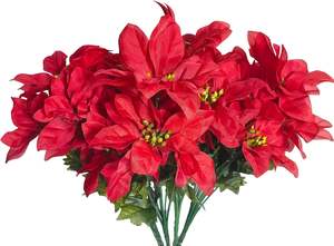 4 ‎ ‎ ‎ زهور البونسيتة الحمراء الاصطناعية ، 13 بوصة أحمر صناعي 7 سيقان باقة زهور عيد الميلاد الاصطناعية أزهار البونستيا الحريرية - Product Image 6