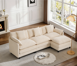 Modüler L Şeklinde Krem Renkli Şönil Köşe Koltuk, Osmanlı Modern Oturma Odası Bulut Koltuk, Büyük Boy Derin Oturma Alanlı Şezlong Koltuk - Product Image 6
