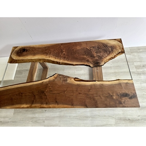 Mesa de Madera Maciza con Borde Natural Hecha a Mano con Vidrio Transparente, Muebles de Losa de Madera Natural Modernos para el Hogar y la Oficina, Venta al por Mayor - Product Image 1