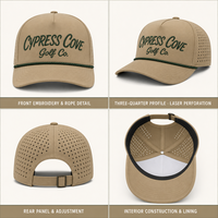 Casquette de golf 5 panneaux à calotte haute avec logo personnalisé, perforations découpées au laser, séchage rapide, visière incurvée, en sergé beige, vente en gros