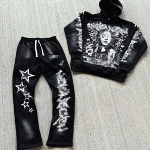 Ensemble de survêtement vintage pour homme avec sweat à capuche zippé intégral unisexe imprimé sur mesure et pantalon de survêtement empilé délavé à l'acide - Product Image 1