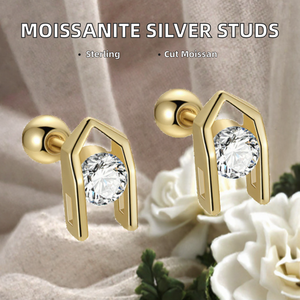 925 Sterling Silver <b>Moissanite</b> Screw Back Stud <b>Earrings</b> | Gold Plated Princess Cut | Geometric Vintage Jewelry Gift for Women - Product Image 2