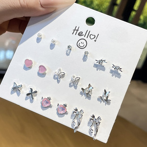 Korean Style 9 Pair <b>Earring</b> Set With Cards Alloy Heart Bow <b>Crystal</b> <b>Studs</b> Fashion Jewelry - Product Image 4