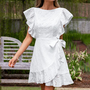 High-quality beach white openwork ruffle <b>wrap</b> mini <b>dress</b> custom soft 100% cotton embroidery <b>dress</b> - Product Image 3