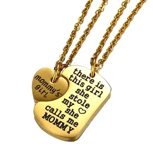 Liontin Ibu Perempuan untuk Wanita Lucu, Kalung Hati Stainless Steel Warna Emas 2 Buah/Set