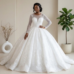 Muslim Modern Beaded Appliques <b>Sequin</b> Wedding Dress for Bride Ivory Luxury Floor-Length Chapel Train Bridal Ball Gown Lsbh03 - Product Image 1