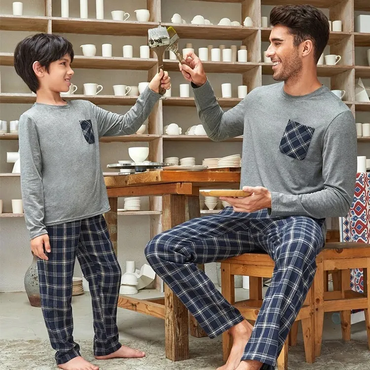 Mens Pajamas Custom Men Dad Boys Matching Plaid Pyjamas Long Sleeves PJs Soft Cotton Pajamas Set