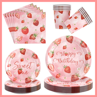 Ensemble de vaisselle jetable rose pour fête d'anniversaire sur le thème de la fraise, assiettes, gobelets, serviettes pour enfants