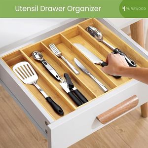 Purawood Bamboo Drawer Organizer 5 Compartment Expandable Kitchen <b>Storage</b> <b>Tray</b> Natural Wood Color - Product Image 4