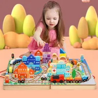 Circuit de Train Électrique en Bois pour Enfants, Ensemble de Blocs de Construction Urbains, Jeu Créatif Éducatif Montessori DIY