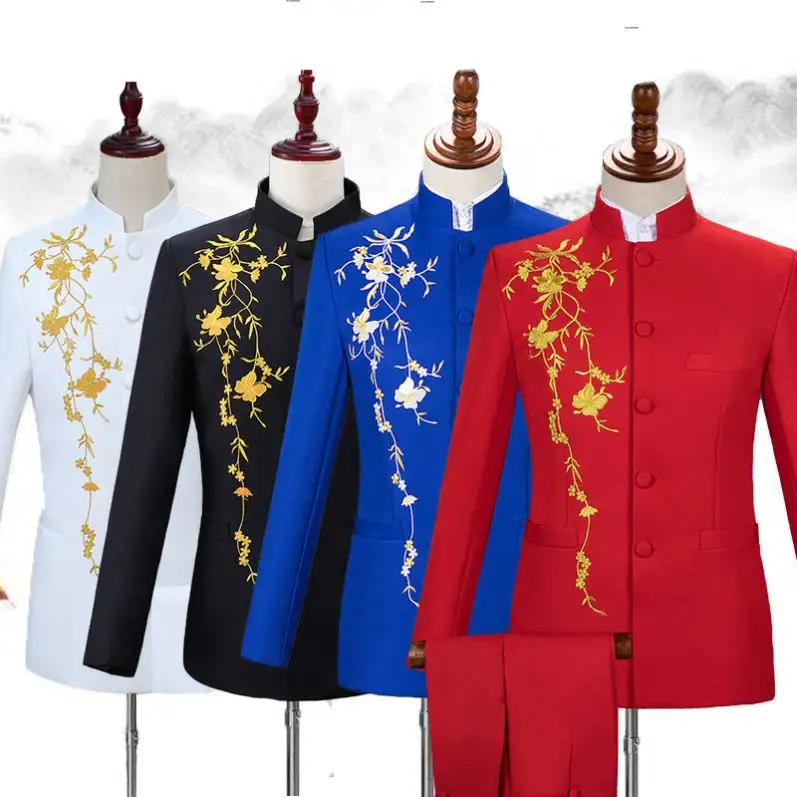 最新デザインコートパンツ中国倫理服メンズコスチューム刺繍中国スタンドアップカラーチュニックスーツメンズ中国スーツ