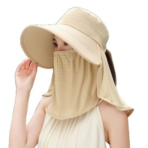 Sombrero de sol de seda helada de verano con cubre rostro y protector de cuello UPF 50 para mujer, ala ancha, color liso: caqui, blanco roto, rosa, negro, gris - Product Image 5