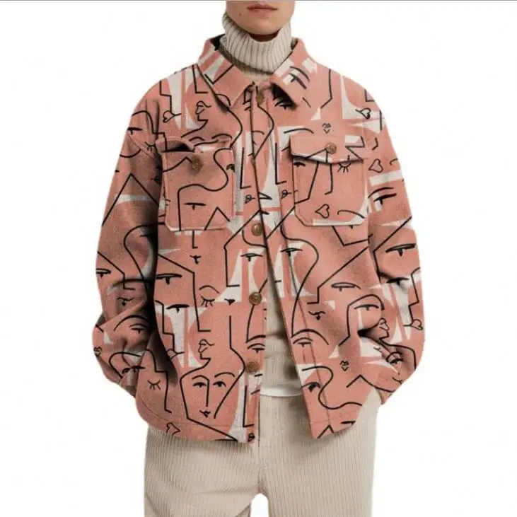 Shirt Jacket Men Autumn Fashion Casual Men Coats and Jackets Print Collar Korean Newest Design Turn Down Hip-hop Boys for Autumn