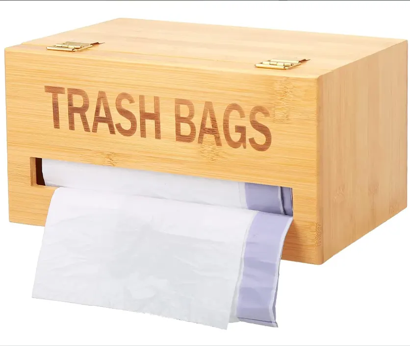 Trash Bag Dispenser Roll Holder, Garbage Bag Holder for Cabinet, Bamboo Wall Mounted Kitchen Trash Can Liner Organizer
