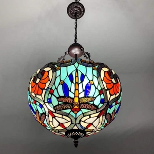 Lustre suspendu de style Tiffany LongHuiJing, en verre teinté, avec décoration de perles, finition en laiton LED - Product Image 4