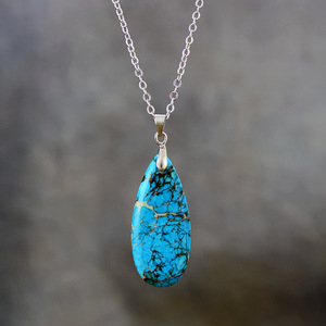 Teardrop Turquoise Pendant Necklace 18K Gold Plated Zinc Alloy Bezel Setting Unisex Gift Jewelry - Product Image 2