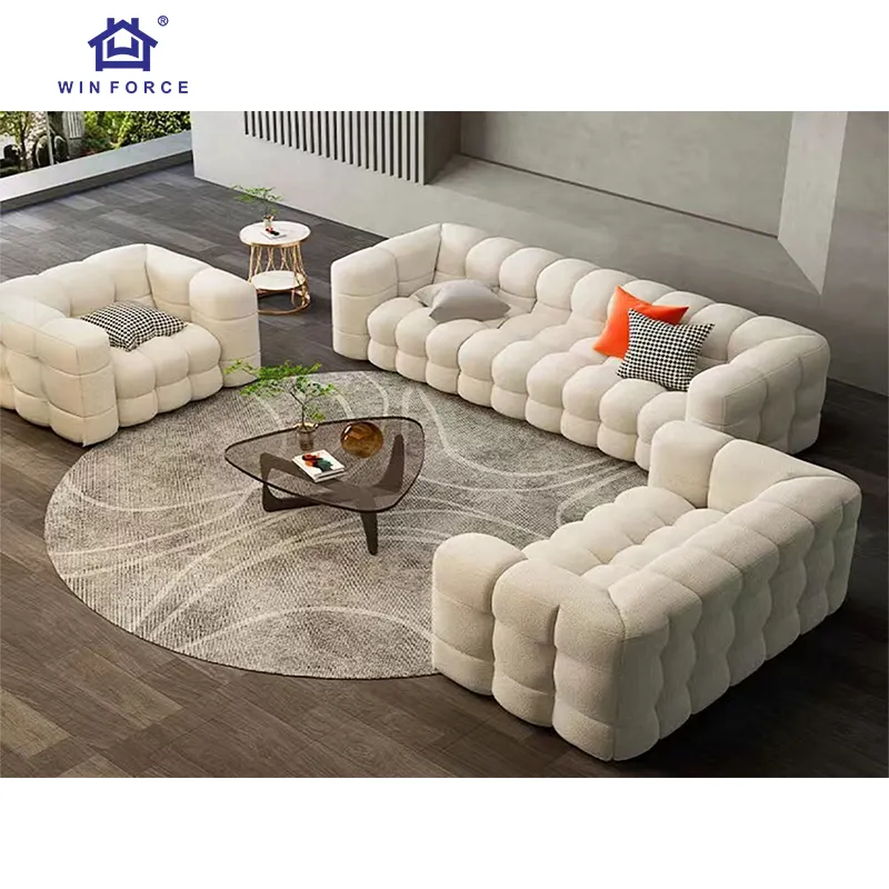 Winforce Conjunto de sofás de luxo minimalistas de caxemira de cordeiro italiano, sofá tufado de 3 lugares, móveis para sala de estar, sofá moderno