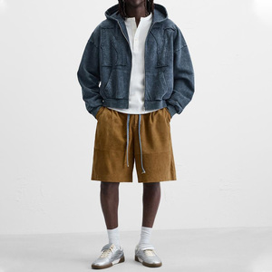 Snow Washed French Terry Distressed Embroidery Cropped Street Style Vintage Fashion Zippered Denim Hoodie <strong>Jacket</strong> for Men - Product Image 4