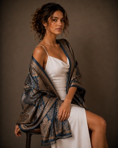 Écharpe d'hiver élégante et durable, brodée, à imprimé numérique, à longues franges, style européen et américain, douce, chaude, respirante et confortable, bleu marine - Product Image 6