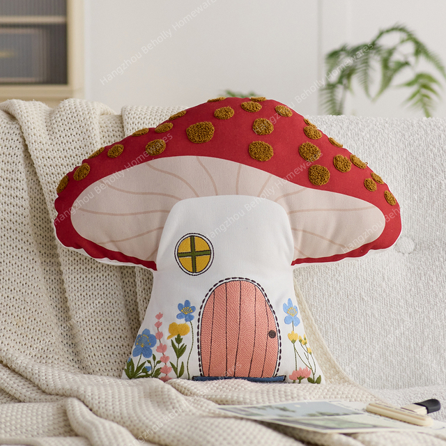 Irregularly Shaped Mushroom Patterned Embroidered Throw Pillow for Living Customizable Contemporary Style Removable Washable