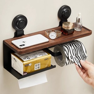 Porte-serviettes en papier en bois de noyer, montage mural, design rectangulaire minimaliste, pas de perçage requis, organisateur de papier toilette - Product Image 1