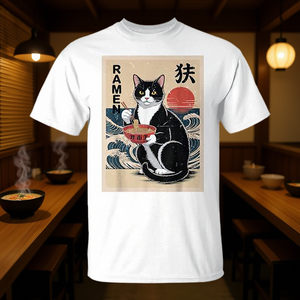 Camiseta para papá amante de los gatos con diseño de gato Tuxedo comiendo ramen Kawaii - Product Image 3