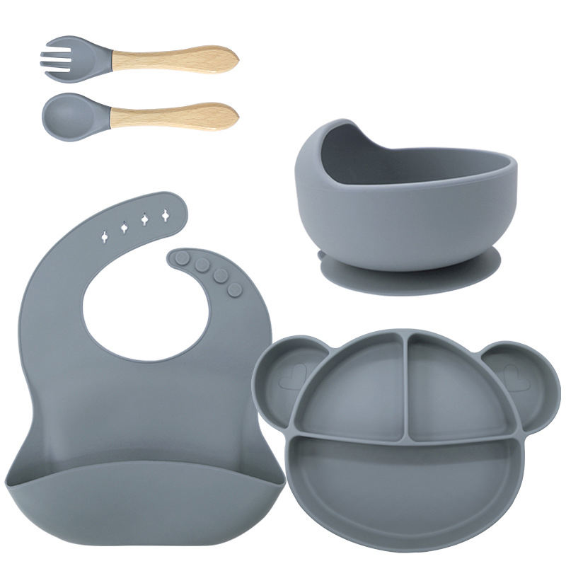 Gray-blue [bib+plate+bowl+spork with wooden handle]