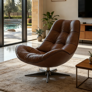 Sillón Giratorio Moderno de Cuero Marrón Estilo Italiano, Sillón de Diseño Ergonómico con Botones para Sala de Estar - Product Image 2