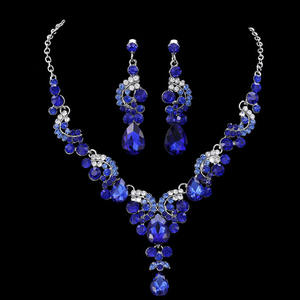 Parure de bijoux de mariée arabe chrétienne romantique et élégante, collier et boucles d'oreilles multicolores en cristal bleu champagne, deux pièces - Product Image 4