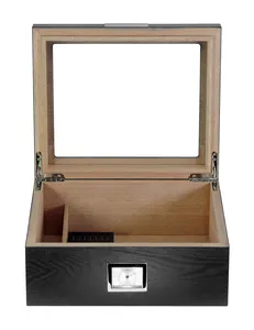 手工制作的25克拉黑色木制雪茄盒展示雪茄盒，带顶部透明玻璃窗