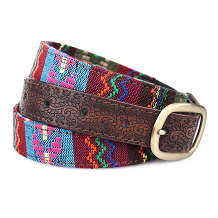 Ethnic Style Embroidered Fabric Women's PU Leather Belts Bohemian Style Wholesale Vegan Leather Belt