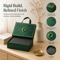 Boîte cadeau rigide en bambou vert avec logo personnalisé OEM, poignée en ruban satiné et bordure dorée pour emballage cadeau haut de gamme