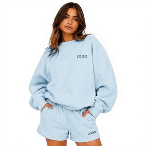 Sweat-shirt d'hiver ample pour femme grande taille, en molleton tricoté brodé, col montant, bleu clair uni, écologique, avec short assorti - Product Image 1